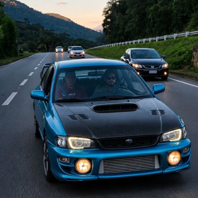 Subaru Impreza azul com capô preto rodando na serra